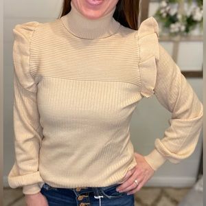 Sand beige ribbed turtleneck ruffled sleeve sweater